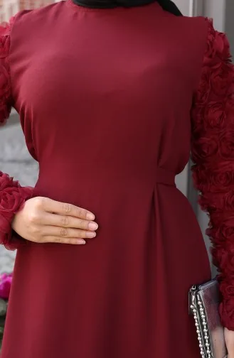 Kolları Gül Detaylı Elbise 81886-02 Bordo