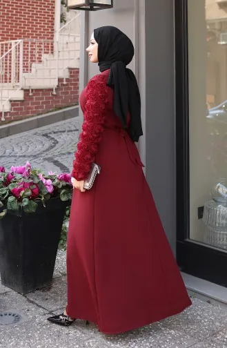 Kolları Gül Detaylı Elbise 81886-02 Bordo