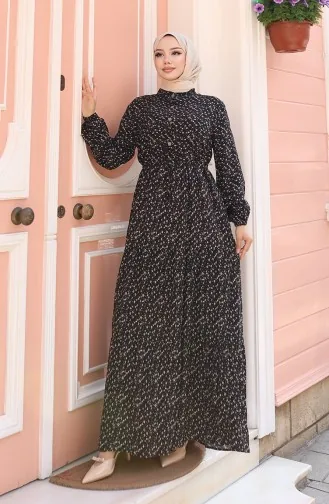 Viscose Stof Half Geknoopte Jurk Met Patroon 0043-02 Zwart 0043-02