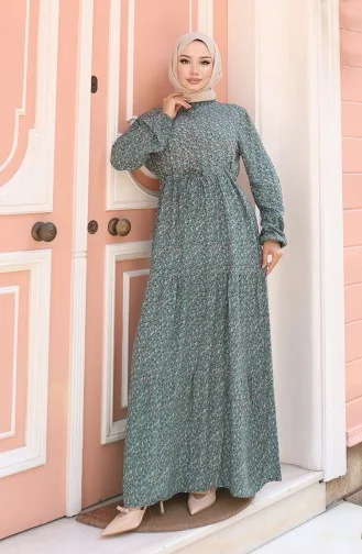 فستان منقوش بأزرار نصفية من قماش الفيسكوز 0043-03 أخضر لوزي 0043-03