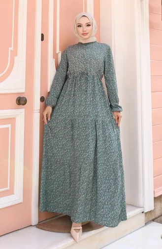 فستان منقوش بأزرار نصفية من قماش الفيسكوز 0043-03 أخضر لوزي 0043-03