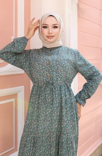 فستان منقوش بأزرار نصفية من قماش الفيسكوز 0043-03 أخضر لوزي 0043-03