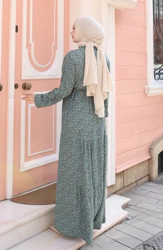 فستان منقوش بأزرار نصفية من قماش الفيسكوز 0043-03 أخضر لوزي 0043-03