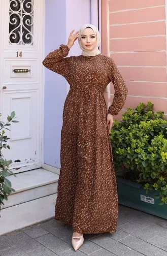 Viscose Stof Half Geknoopte Jurk Met Patroon 0043-04 Bruin 0043-04