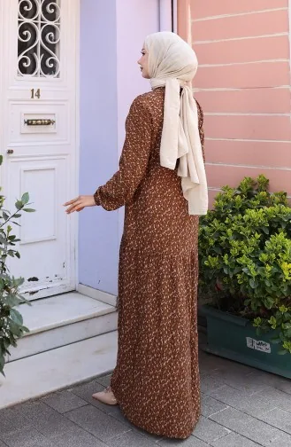 Viscose Stof Half Geknoopte Jurk Met Patroon 0043-04 Bruin 0043-04