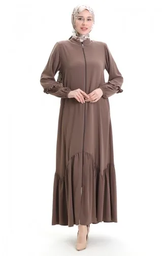 Zippered Hem And Gathered Abaya 5078-07 Milk Coffee 5078-07