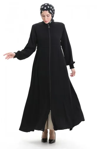 Übergröße Bestickte Abaya Mit Reißverschluss 5079-01 Schwarz 5079-01