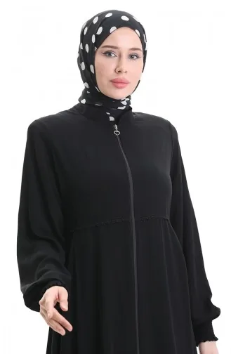 Übergröße Bestickte Abaya Mit Reißverschluss 5079-01 Schwarz 5079-01