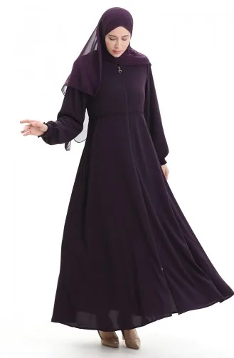 Büyük Beden Nakışlı Fermuarlı Ferace 5079-02 Mürdüm