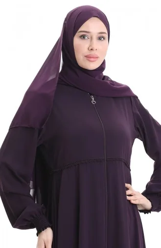 Büyük Beden Nakışlı Fermuarlı Ferace 5079-02 Mürdüm