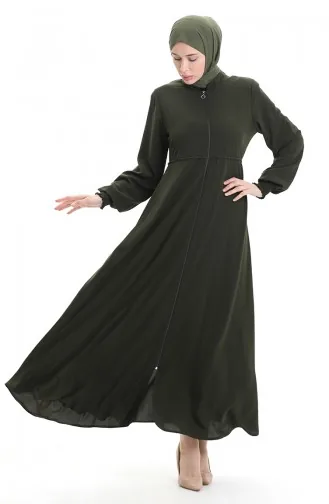 Büyük Beden Nakışlı Fermuarlı Ferace 5079-04 Haki