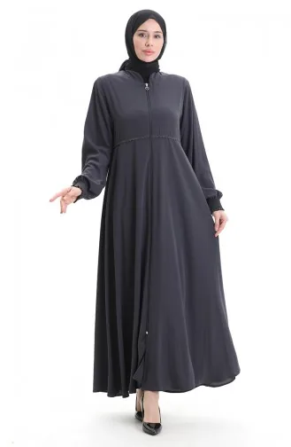 Übergröße Bestickte Abaya Mit Reißverschluss 5079-05 Rauch 5079-05