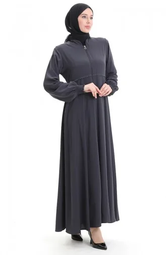 Übergröße Bestickte Abaya Mit Reißverschluss 5079-05 Rauch 5079-05