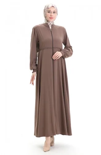 Plus Size Geborduurde Abaya Met Rits 5079-07 Melkkoffie 5079-07