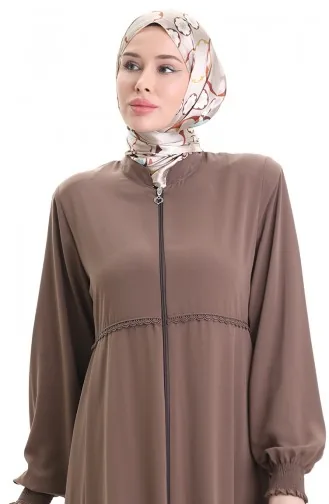 Plus Size Geborduurde Abaya Met Rits 5079-07 Melkkoffie 5079-07