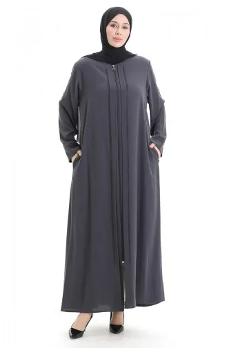 Büyük Beden Taş Baskılı Ferace 4005-08 Füme