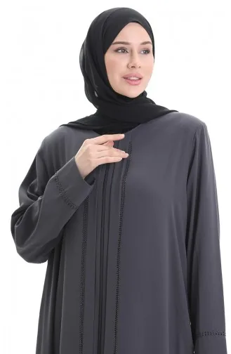 Büyük Beden Taş Baskılı Ferace 4005-08 Füme