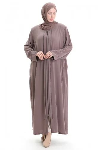 Büyük Beden Taş Baskılı Ferace 4005X-06 Koyu Vizon