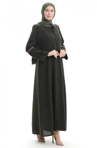 Plus Size Geborduurde Abaya Met Verborgen Rits 6193-02 Khaki 6193-02