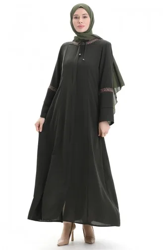Plus Size Geborduurde Abaya Met Verborgen Rits 6193-02 Khaki 6193-02