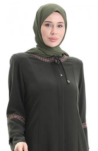 Plus Size Geborduurde Abaya Met Verborgen Rits 6193-02 Khaki 6193-02