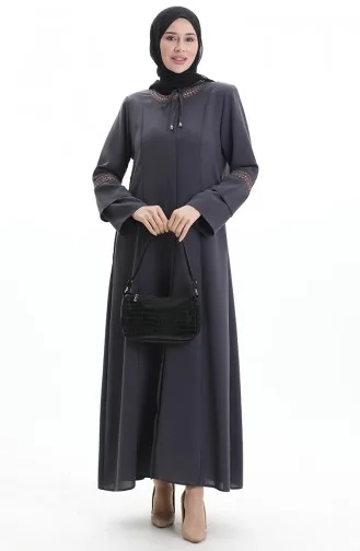 Übergröße Bestickte Abaya Mit Verstecktem Reißverschluss 6193-03 Anthrazit 6193-03