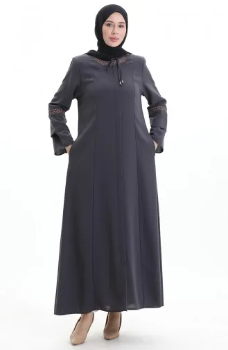 Übergröße Bestickte Abaya Mit Verstecktem Reißverschluss 6193-03 Anthrazit 6193-03