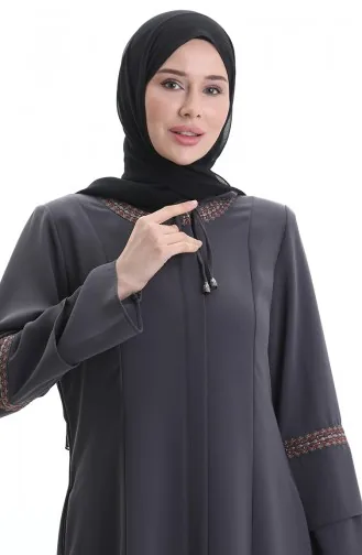 Übergröße Bestickte Abaya Mit Verstecktem Reißverschluss 6193-03 Anthrazit 6193-03