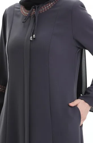 Übergröße Bestickte Abaya Mit Verstecktem Reißverschluss 6193-03 Anthrazit 6193-03