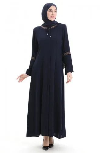 Abaya Brodée Grande Taille Avec Fermeture éclair Dissimulée 6193-04 Bleu Marine 6193-04