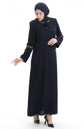 Abaya Brodée Grande Taille Avec Fermeture éclair Dissimulée 6193-04 Bleu Marine 6193-04