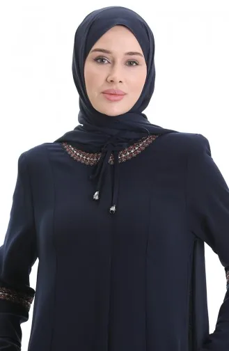 Abaya Brodée Grande Taille Avec Fermeture éclair Dissimulée 6193-04 Bleu Marine 6193-04