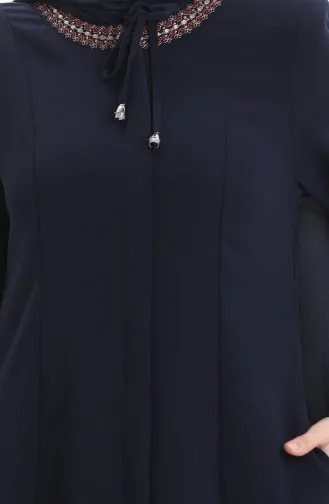 Abaya Brodée Grande Taille Avec Fermeture éclair Dissimulée 6193-04 Bleu Marine 6193-04