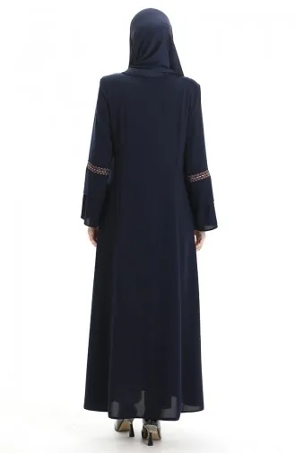 Abaya Brodée Grande Taille Avec Fermeture éclair Dissimulée 6193-04 Bleu Marine 6193-04