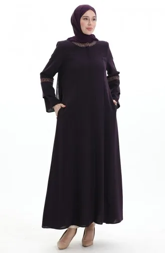 Abaya Brodée Grande Taille Avec Fermeture éclair Dissimulée 6193-05 Violet 6193-05