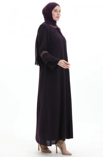 Abaya Brodée Grande Taille Avec Fermeture éclair Dissimulée 6193-05 Violet 6193-05
