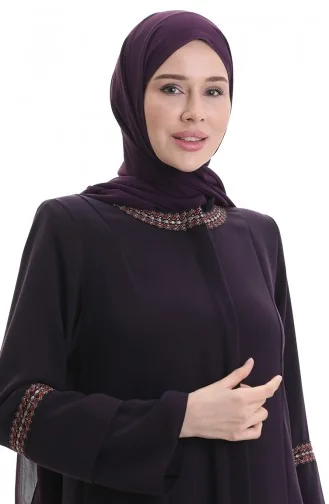 Abaya Brodée Grande Taille Avec Fermeture éclair Dissimulée 6193-05 Violet 6193-05