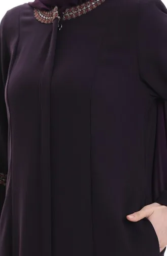 Abaya Brodée Grande Taille Avec Fermeture éclair Dissimulée 6193-05 Violet 6193-05