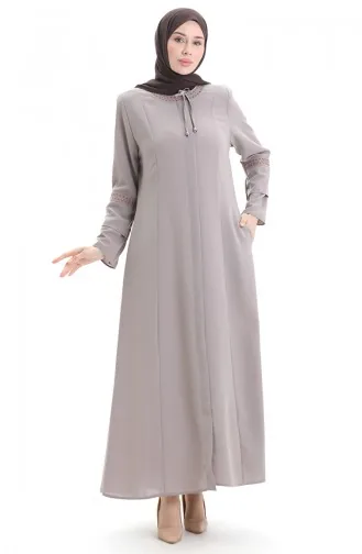 Abaya Brodée Grande Taille Avec Fermeture éclair Dissimulée 6193-06 Vison 6193-06