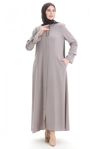 Abaya Brodée Grande Taille Avec Fermeture éclair Dissimulée 6193-06 Vison 6193-06