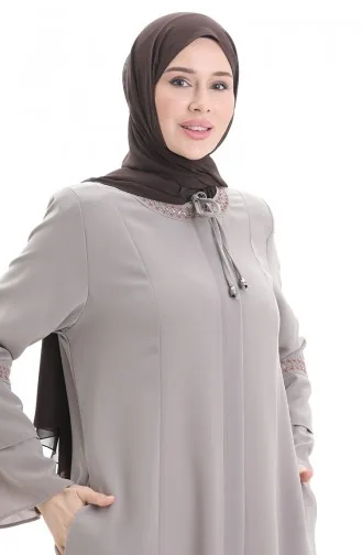 Abaya Brodée Grande Taille Avec Fermeture éclair Dissimulée 6193-06 Vison 6193-06