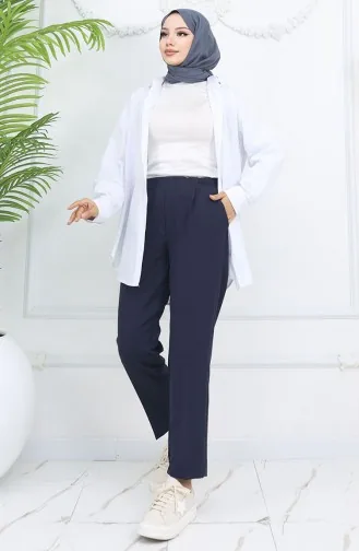 Elastic Waist Carrot Trousers 4002-02 Navy Blue 4002-02