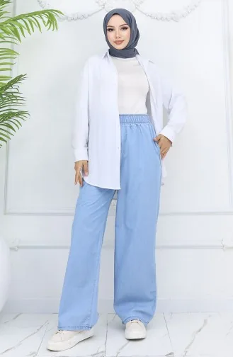 Tensel Beli Lastikli Kot Pantolon 7568-04 Gök Mavi