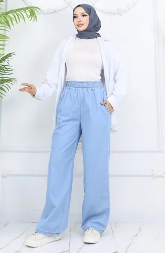 Tensel Beli Lastikli Kot Pantolon 7568-04 Gök Mavi