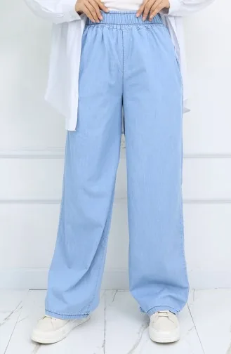 Tensel Beli Lastikli Kot Pantolon 7568-04 Gök Mavi