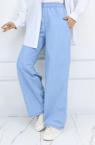 Tensel Beli Lastikli Kot Pantolon 7568-04 Gök Mavi