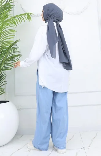 Tensel Beli Lastikli Kot Pantolon 7568-04 Gök Mavi