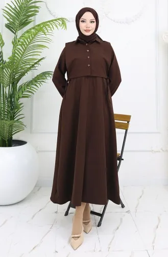 فستان بوليرا بياقة قميص وتفاصيل 81898-02 بني 81898-02