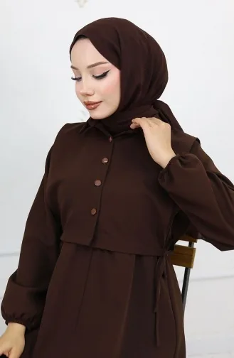 فستان بوليرا بياقة قميص وتفاصيل 81898-02 بني 81898-02