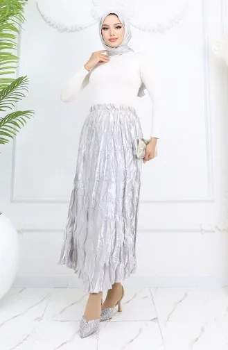 Elastic Waist Satin Skirt 0048-06 Light Gray 0048-06